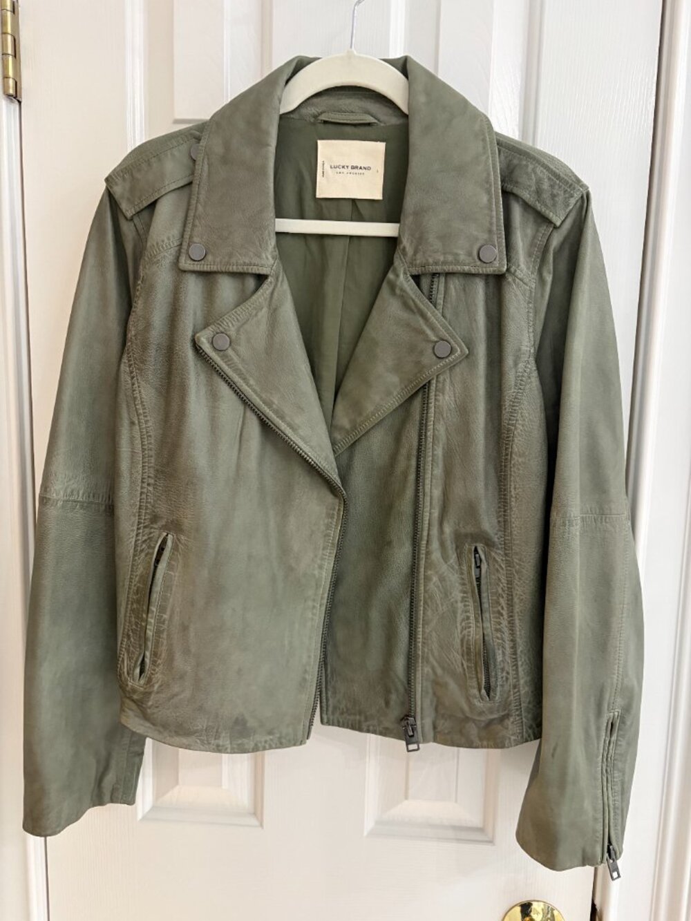 Lucky Brand Classic Leather Moto Jacket - Oil Green - Large - Picture 8 of 12